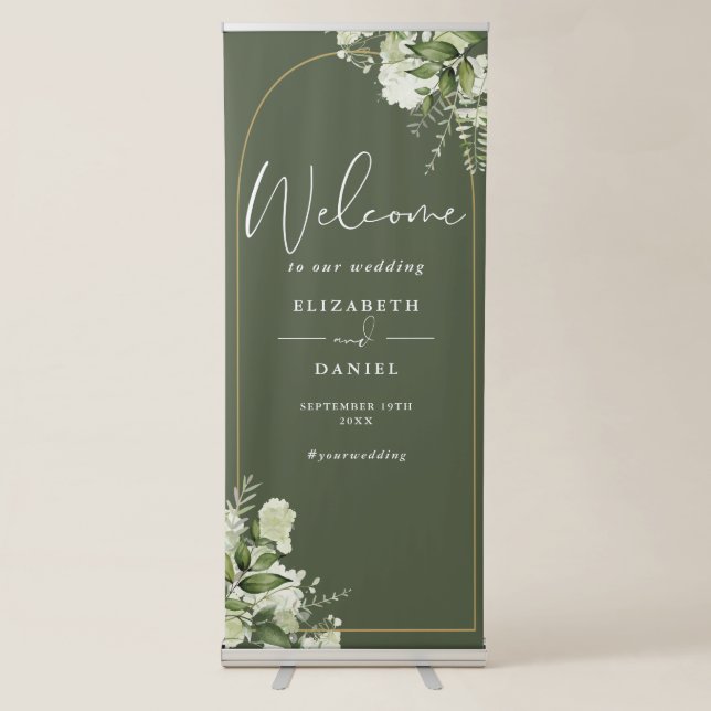 Olive Green Greenery Gold Arch Wedding Welcome Retractable Banner (Front)