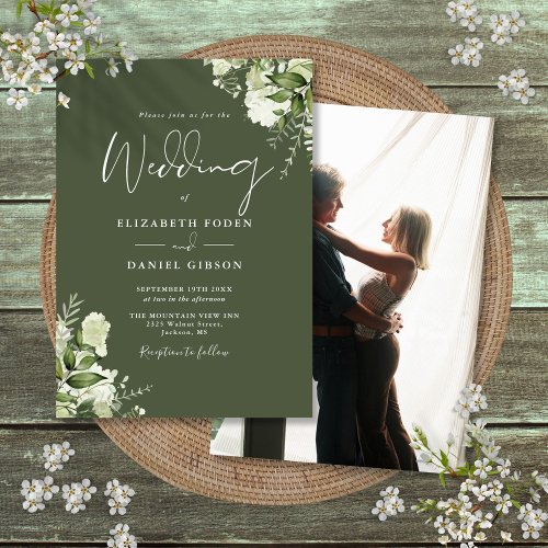 Olive Green Greenery Leaves Elegant Photo Wedding  Invitation