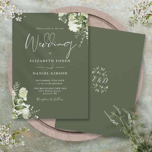 Olive Green Greenery Leaves Monogram Wedding Invitation