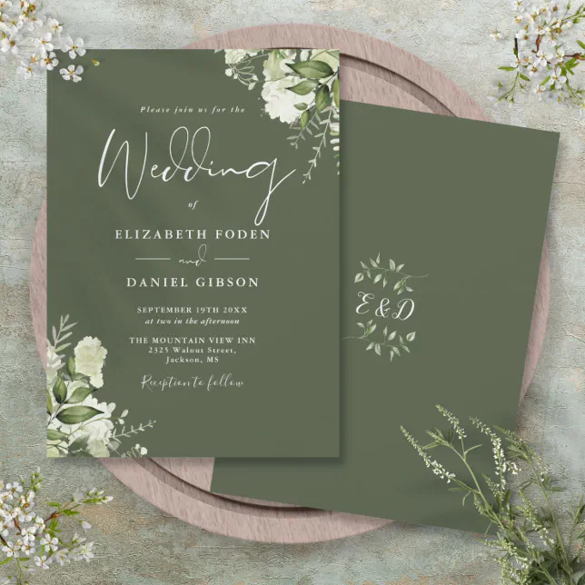 Olive Green Greenery Leaves Monogram Wedding Invitation | Zazzle