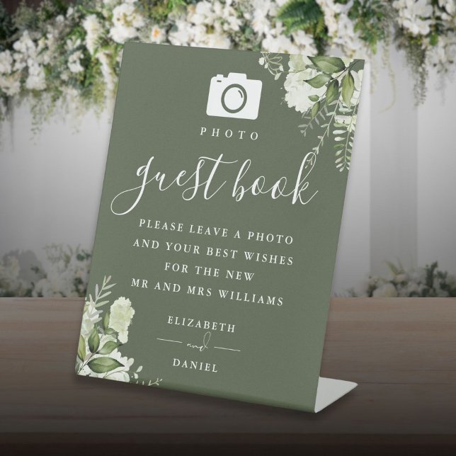 Olive Green Greenery Photo Guest Book Wedding Pedestal Sign (Olive Green Greenery Photo Guest Book Wedding Pedestal Sign)