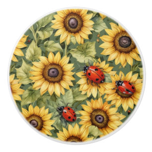 Olive Green Greenery Sunflower Lady Bug Garden Zen Ceramic Knob