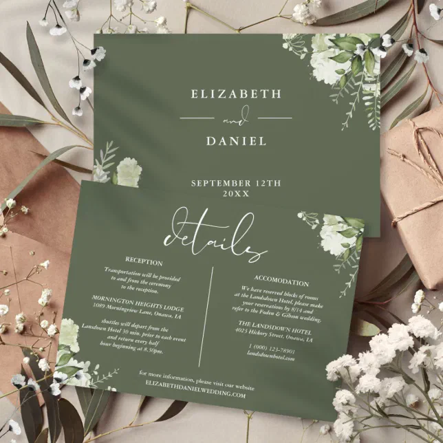 Olive Green Greenery Wedding Details Information Invitation | Zazzle