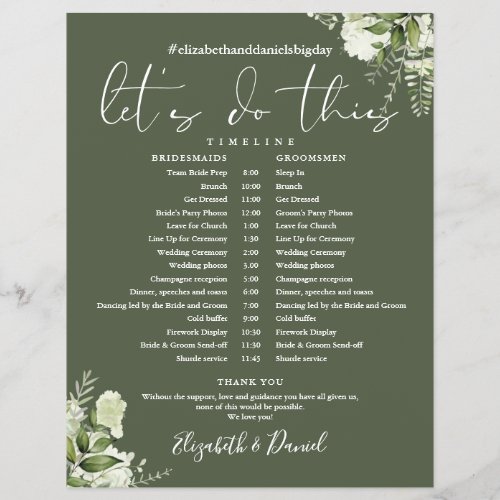 Olive Green Greenery Wedding Schedule Timeline