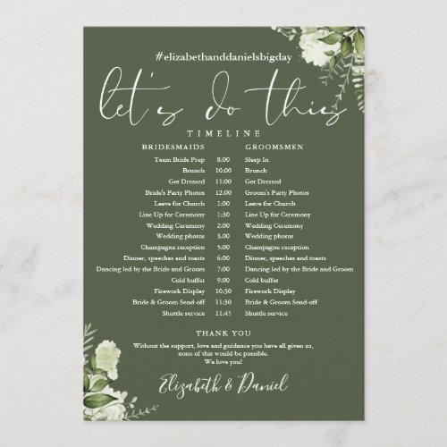 Olive Green Greenery Wedding Schedule Timeline Program