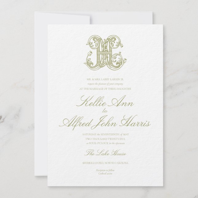Olive Green "H" Monogram Wedding Invitation (Front)
