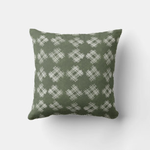 Olive Green Hand-Drawn Rustic Checkered Pattern Throw Pillow