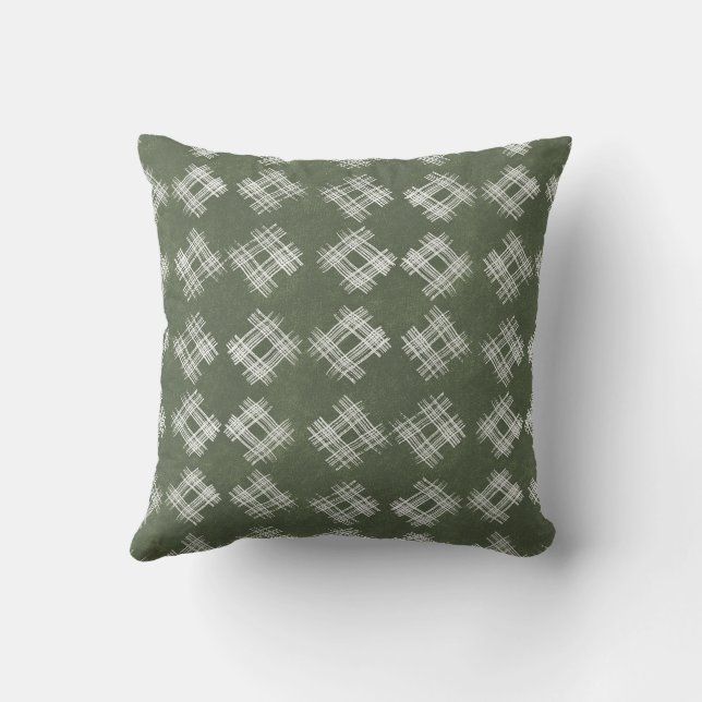 Olive Green Hand-Drawn Rustic Checkered Pattern Throw Pillow (Back)