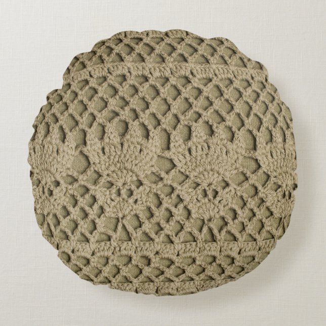 Olive green handmade lace on olive background round pillow (Front)