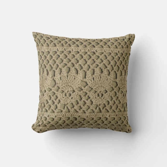Olive green handmade lace on olive background throw pillow (Front)