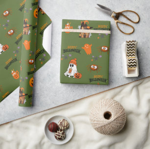 olive green Happy Halloween Cute Ghost Pumpkin  Wrapping Paper