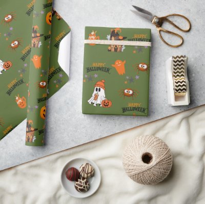 olive green Happy Halloween Cute Ghost Pumpkin  Wrapping Paper