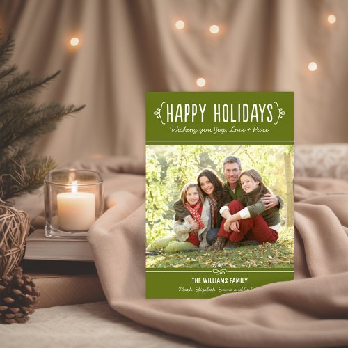 Olive Green Happy Holidays Handwritten Photo Holiday Card