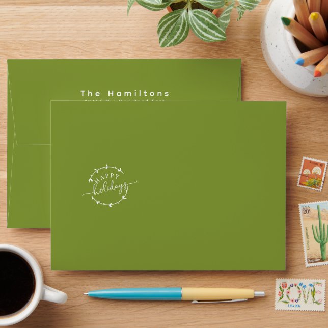 Olive Green Happy Holidays | Return Address    Envelope (Desk)