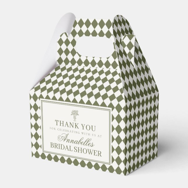 Olive Green Harlequin Checkered Bridal Shower Favor Boxes (Front Side)