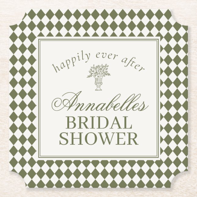 Olive Green Harlequin Checkered Bridal Shower Paper Coaster (Front)