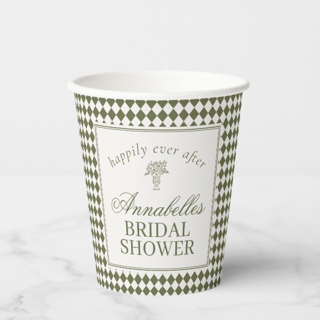 Olive Green Harlequin Checkered Bridal Shower Paper Cups (Front)