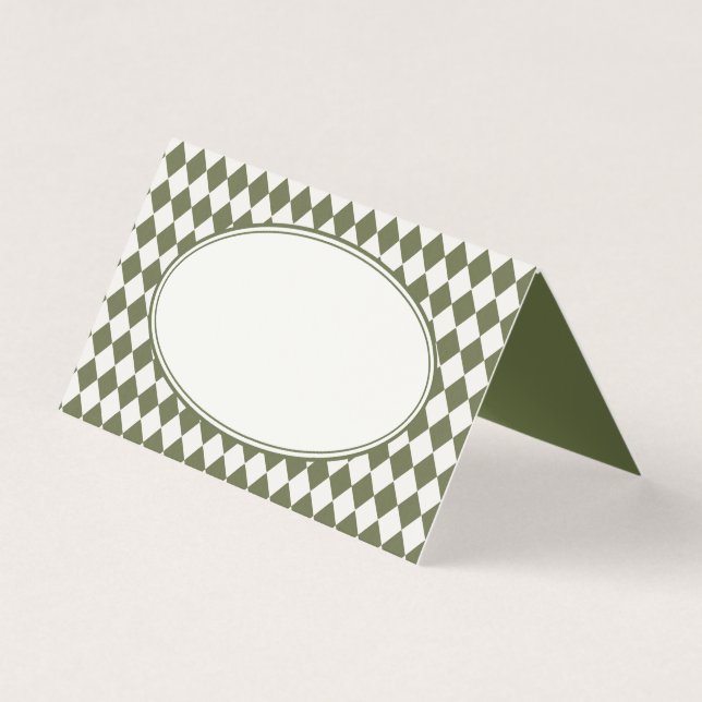 Olive Green Harlequin Checkered Folded Place Cards (Front)