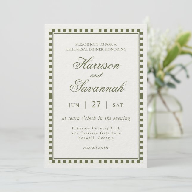 Olive Green Harlequin Checkered Rehearsal Dinner Invitation (Standing Front)