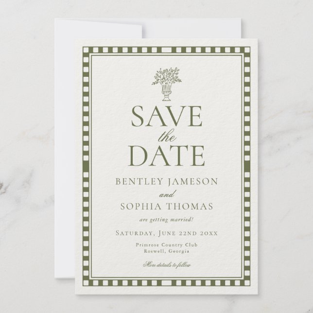 Olive Green Harlequin Checkered Save the Date Invitation (Front)