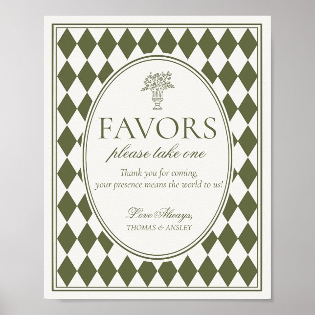 Olive Green Harlequin Checkered Wedding Favor Sign (Front)