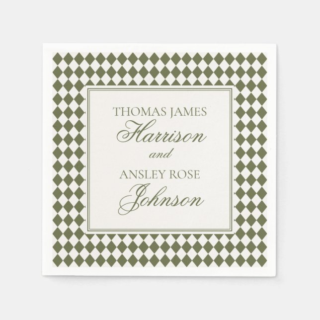 Olive Green Harlequin Checkered Wedding Napkins (Front)