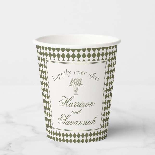 Olive Green Harlequin Checkered Wedding Paper Cups (Front)