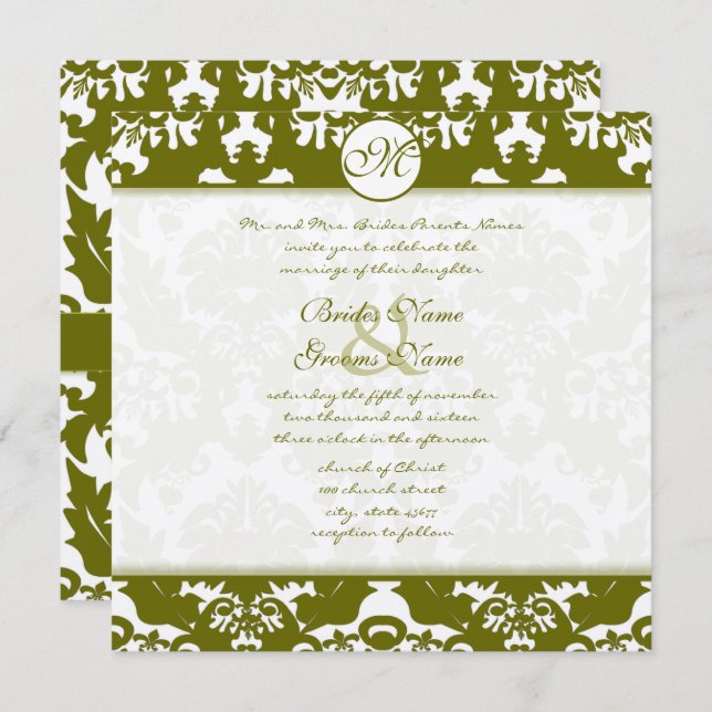 Olive Green Heart Damask Wedding Invitation (Front/Back)