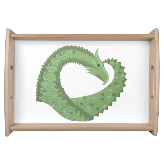 Olive green heart dragon on white serving tray (Front)