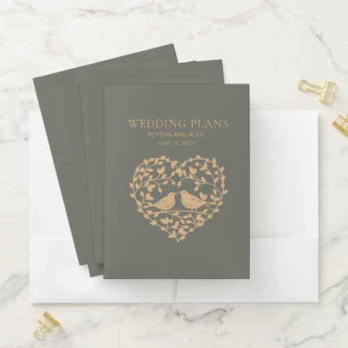 Olive Green Heart Love Birds Wedding Planner Pocket Folder