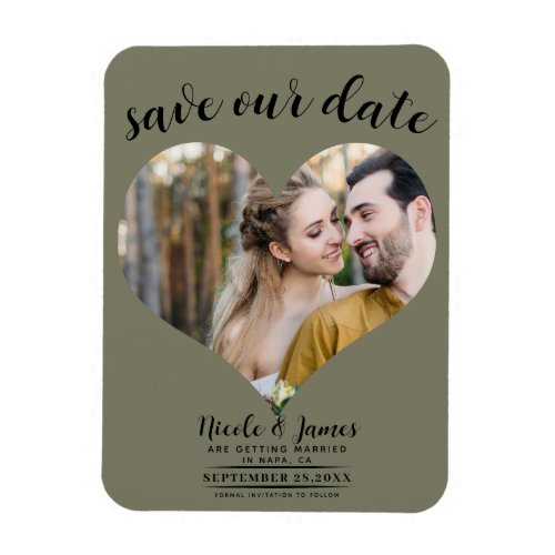 Olive Green Heart Photo Wedding Save the Date Magnet