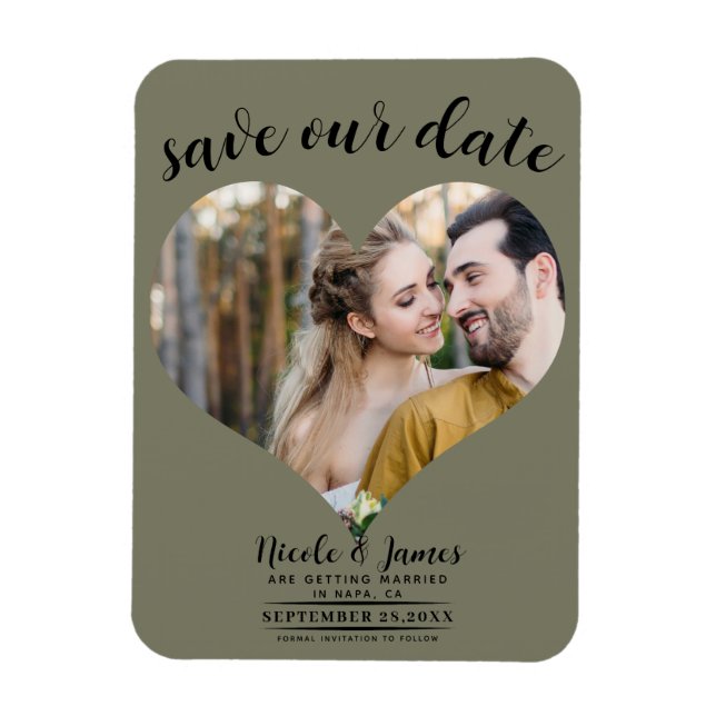 Olive Green Heart Photo Wedding Save the Date Magnet (Vertical)
