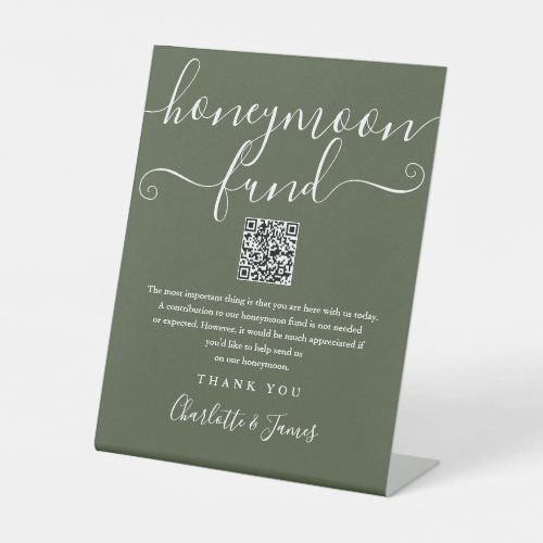 Olive Green Honeymoon Fund QR Code Pedestal Sign