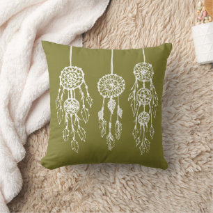 Olive Green Illustrated Bohemian Dreamcatchers Throw Pillow
