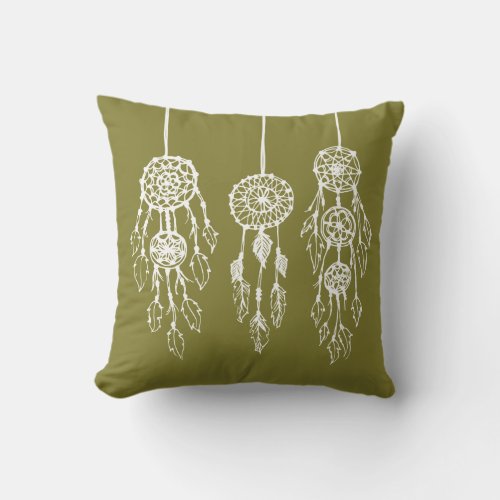 Olive Green Illustrated Bohemian Dreamcatchers Throw Pillow
