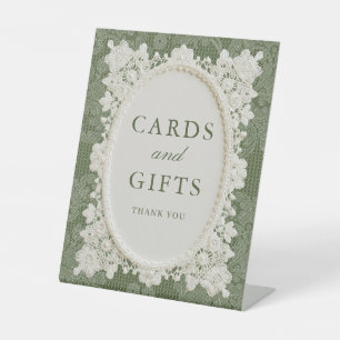Olive Green Ivory Doily Lace Wedding Cards & Gifts Pedestal Sign