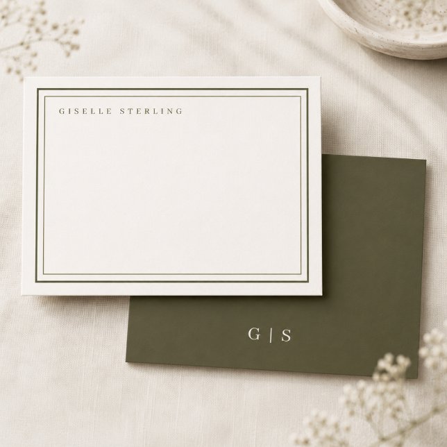 Olive Green Ivory Monogram Double Border Note Card (Creator Uploaded)