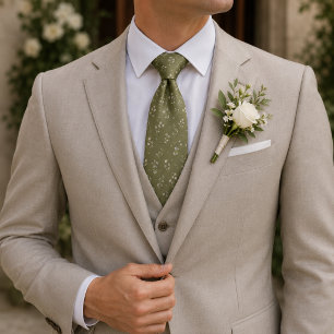 Olive Green Ivory Wildflower Botanical Pattern Neck Tie