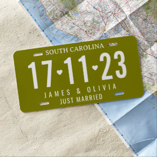 Olive Green Just Married Custom Wedding Date License Plate
