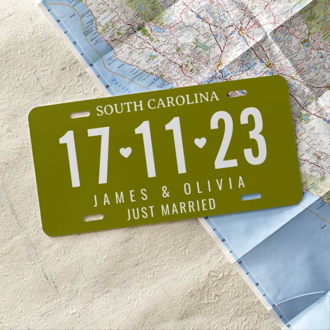 Olive Green Just Married Custom Wedding Date License Plate (In Situ)