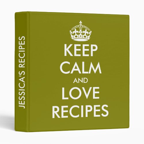 Olive green keep calm and love recipes binder book