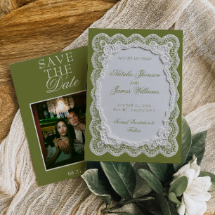 Olive Green Lace Doily Old Money Photo Wedding Save The Date