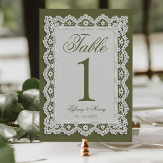Olive Green Lace Doily Wedding Table Number