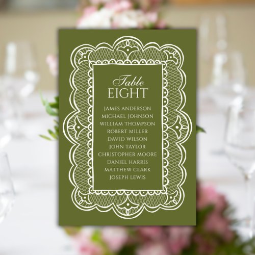 Olive Green Lace Old Money Wedding Seating Chart Table Number
