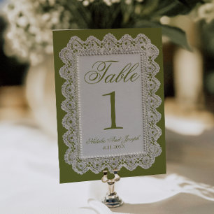 Olive Green Lace Old Money Wedding Table Number