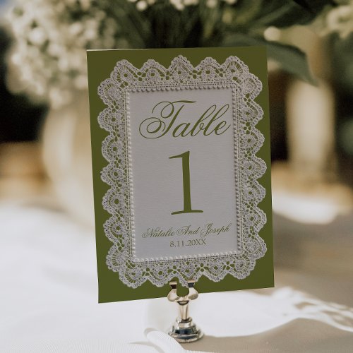 Olive Green Lace Old Money Wedding Table Number