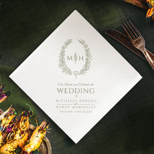 Olive green leaf oval wreath monogram art wedding paper dinner napkins