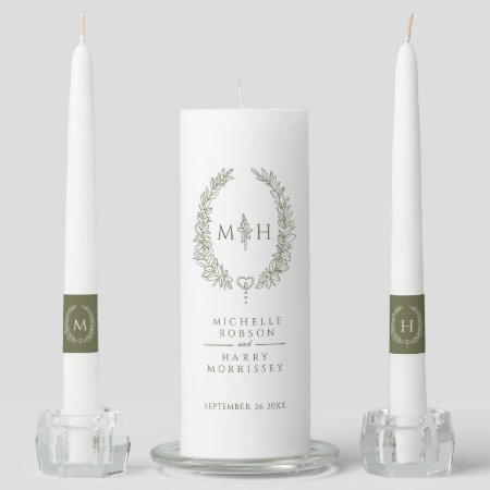 Olive Green Leaf Oval Wreath Monogram Art Wedding Unity Candle Set