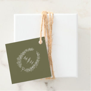Olive green leaf oval wreath monogram wedding favor tags