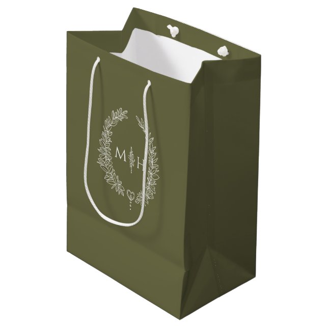 Olive green leaf oval wreath monogram wedding medium gift bag (Front Angled)